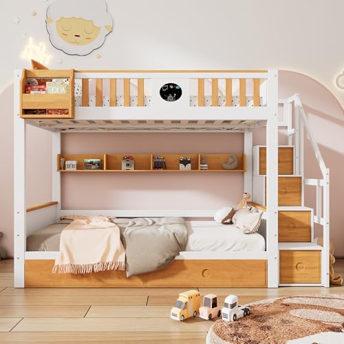 YESGIGA Litera con escalera, cuna con 4 armarios en la escalera, con barrera anticaídas y 2 cajones, amplio espacio de almacenamiento