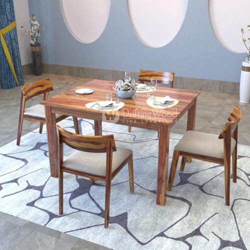 Image of DRIFTINGWOOD Liana Dining Table 4 Seater | Four Seater Dinning Table with 4 Chairs with Beige Cushions for Home | Rosewood, Natural Finish Self Assembly(DIY)