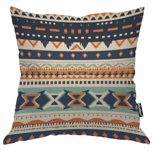 Moslion Aztec Throw Pillow Cover Bohemian Aztec Stripes Pattern Cotton Linen Decorative Pillow Case 18 x 18 Inch Standard Square Cushion Cover for Sofa Bedroom Men Women Multicolor
