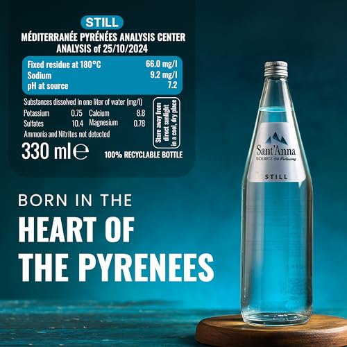 Image of Sant'Anna Still Mineral Water, 11.15 Fl Oz (6-Pack) | Pure French Pyrenees Mountain-Fresh Drinking Water | Natural Functional Drink | Sodium-Free Mineral in Glass Bottles