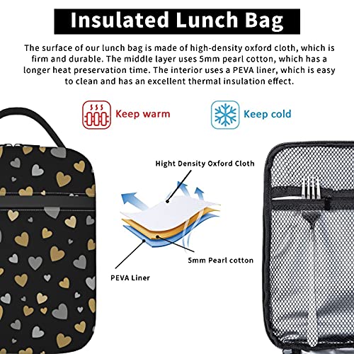 Wjlksjd Black Gold Hearts Print Insulated Lunch Bag For Teen Girls Women, Reusable Leakproof Cooler Lunch Box Bag For Kids School Office Work Picnic Beach #TOP2