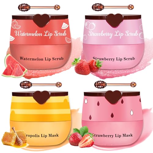 LZXLUKGIR 4PCS Lip Scrub and Mask Set,Strawberry and Honey Pot Lip Balm,Reduces Lip Lines Lip Exfoliator Scrub and Moisturizer,Repair Beebalm Lip Balm and Lip Scrub Set,Lip Mask Overnight