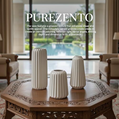 Image of PUREZENTO 'Flute Ribbed' White Ceramic Vase - Set of 3 | Decorative Flower Vase for Modern Home Decor, Living Room, Bedroom, Table & Shelf | Vases for Pampas Grass, Fresh, Dried & Artificial Flowers
