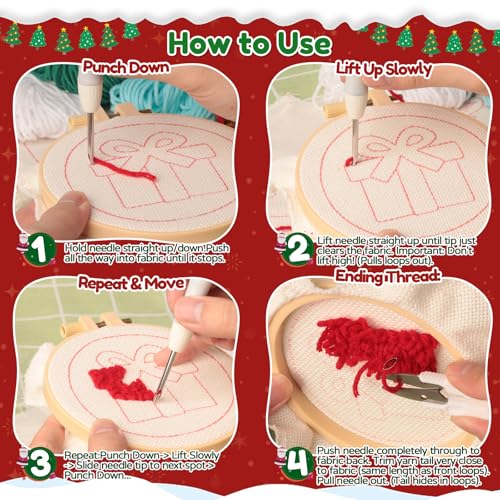Sukhumvit 6PCS Christmas Punch Needle Coaster Kit, Beginners Punch Needle Set with 6 Tufted Patterns, Yarns, Hoop & Adhesive Pads, Starter DIY Embroidery Coasters Kit for Tufted Crafts Christmas Gifts by Sukhumvit - Used condition - Image 5