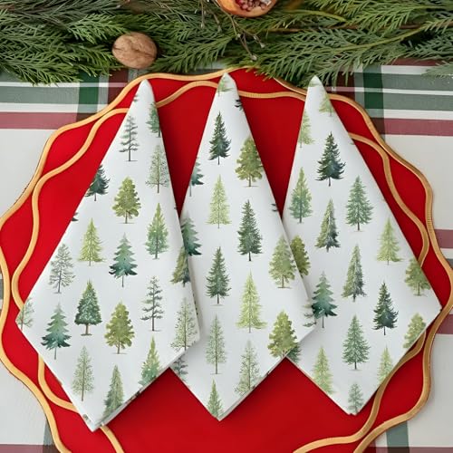 Maxdot 12 Pcs Christmas Cloth Napkins 19 x 19 Inch Happy Xmas Party Decoration Dinner Washable Fabric Napkins Gifts(Christmas Trees)