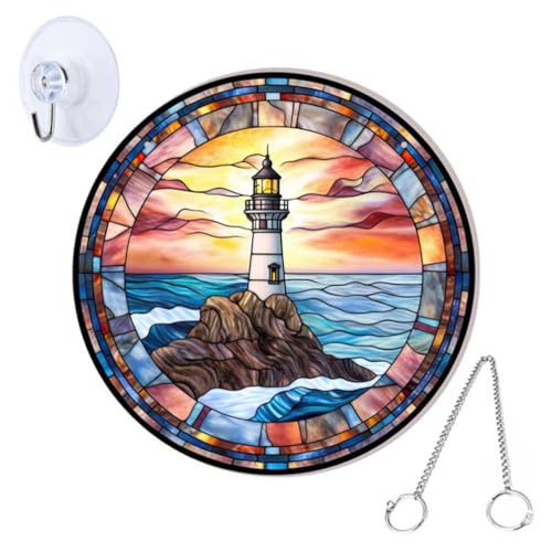 Amosfun Faux Stained Glass Lighthouse Suncatcher Mediterranean Round Lighthouse Wall