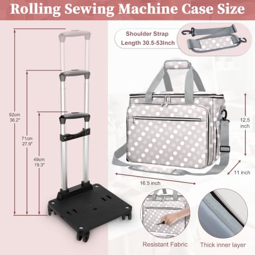 Image of Anitor Rolling Sewing Machine Case with Wheels and Removable Bottom Padding | Sewing Machine Bag with Wheels, Fits for Singer, Brother, Janome, Most Sewing Machines, Accessories, Round Dot,(Bag Only)