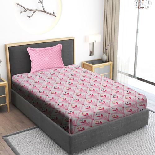 Home Stylish 280 TC Floral Print Ezyption Cotton 1 Single Bedsheet with 1 Pillow Cover 90x60 Inch Light Pink