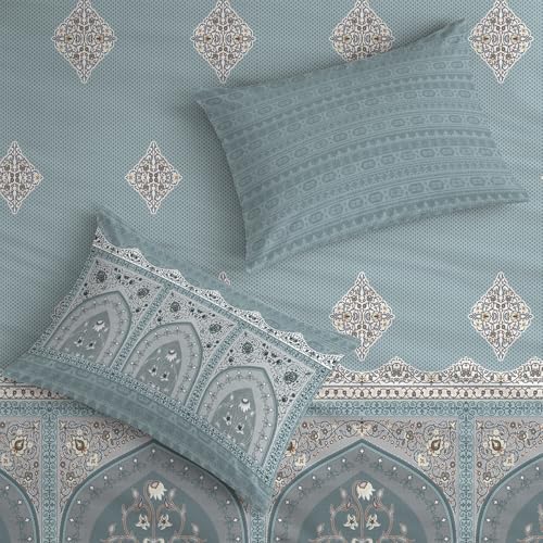 Image of Urban Space Regal 300 TC 100% Cotton Bedsheet for Double Bed, Panel Design Bedsheet, Printed Queen Size Bed Sheet with 2 Pillow Covers (90 x 108 Inches, Jharokha Dusty Blue)