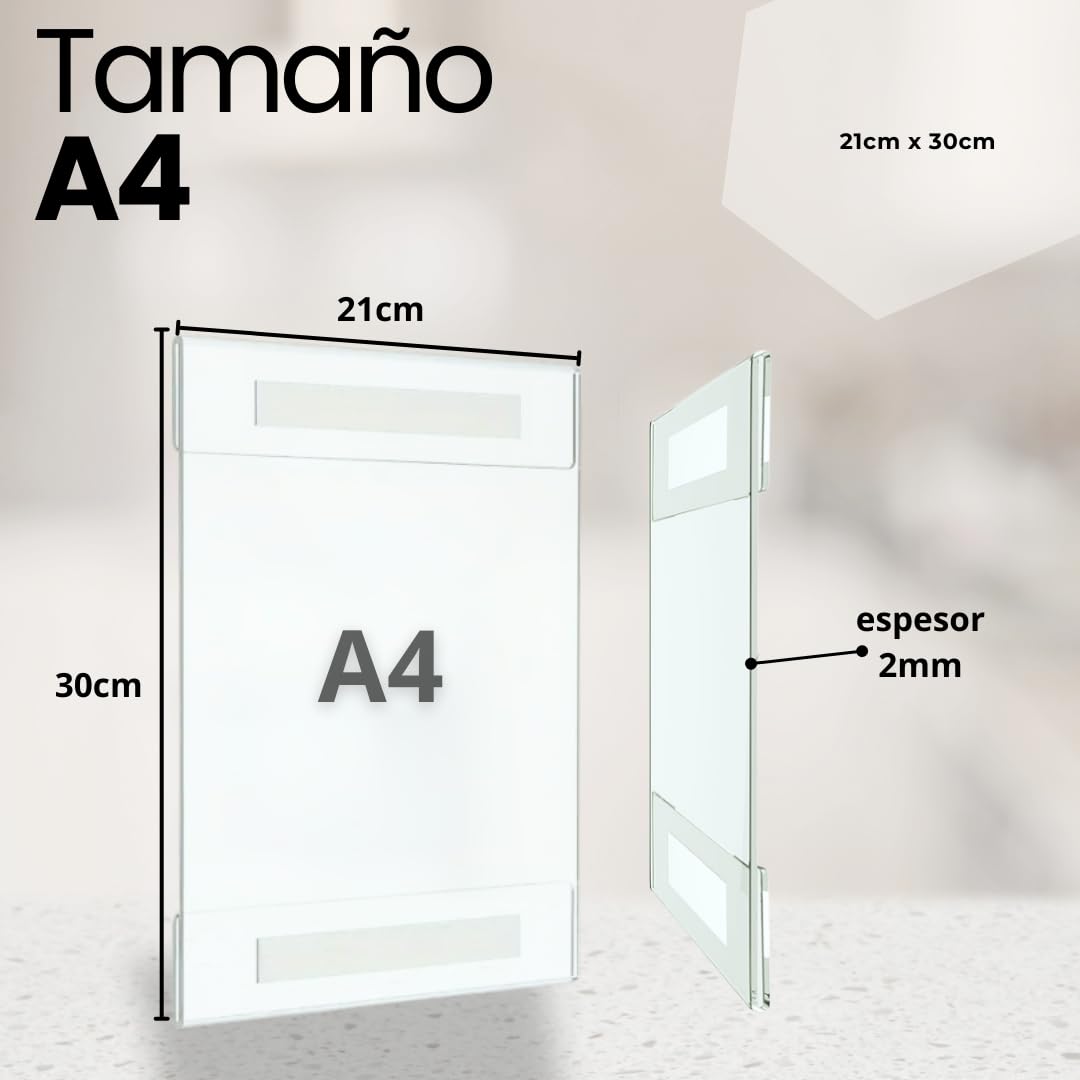Expositor metacrilato A4 de pared, pack 3 unidades, soporte acrílico para carteles A4 con cinta doble cara, porta documentos, marco de acrílico, portafolios transparente.