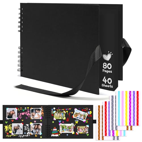 Album fotografico Vergine 21,5 x 15 cm Album fotografico Scrapbooking 80 pagine nere, quaderno Scrapbooking 108 angoli adesivi inclusi, pagine nere resistenti allo strappo per bambini e matrimoni