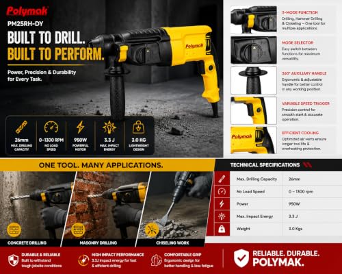 Image of 950W Rotary Hammer Drill | 26 mm | Heavy-Duty Drilling & Chiseling Tool | 1300 RPM | 3.3 J Impact Energy | Quick-Change System | Lightweight 3 kg | Soft-Grip Handle | 6-Month Warranty | Yellow