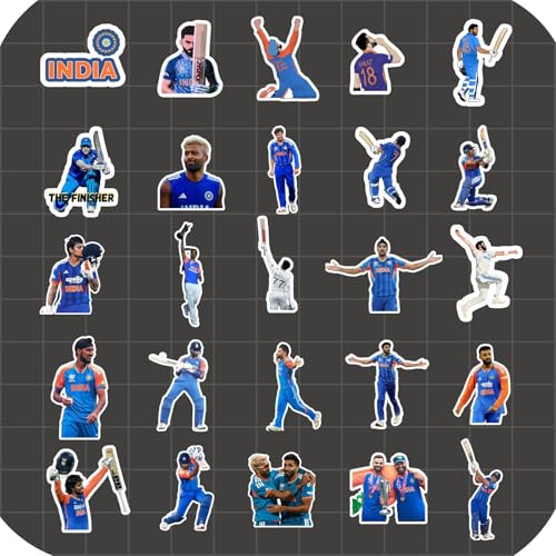Image of Cricket Stickers - Pack of 25 Indian Cricket Team Stickers for Laptop, Phone, Journal, etc | India Team Vinyl Sticker | Self Adhesive Glossy Waterproof Decals