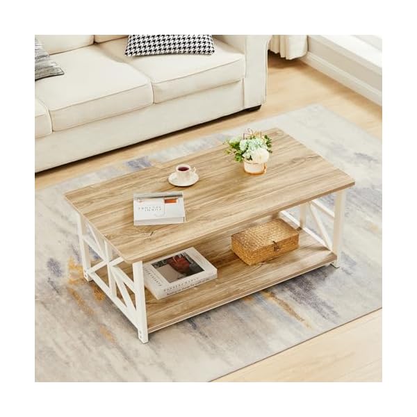 GreenForest Table Basse,Moderne de Salon,avec 2 Niveaux Rangement,X-Frame Métallique Pieds et Tray Design, Rectangulaire, Beige