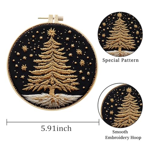 Image of EOBTAIN 3 Pcs Merry Christmas Embroidery Kit for Beginners,Green Gold Christmas Tree Embroidery Starter Kit Xmas Winter Snow Stamped Patterns with Hoop,Thread,Needles,Hand DIY Craft Kits for Adults