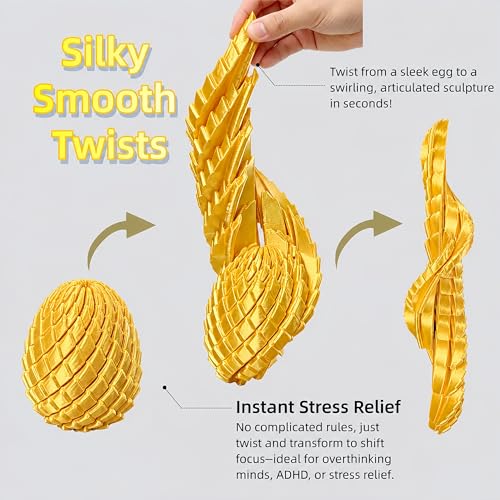 3D Printed Fidget Toy, Twisty Dragon Eggs, Spiral Slippery Egg Fidget Toy, Stress Relief Sensory Desk Toy for Adults and ADHD, Rotating Focus Anxiety Relief Pocket Toy (Gold)
