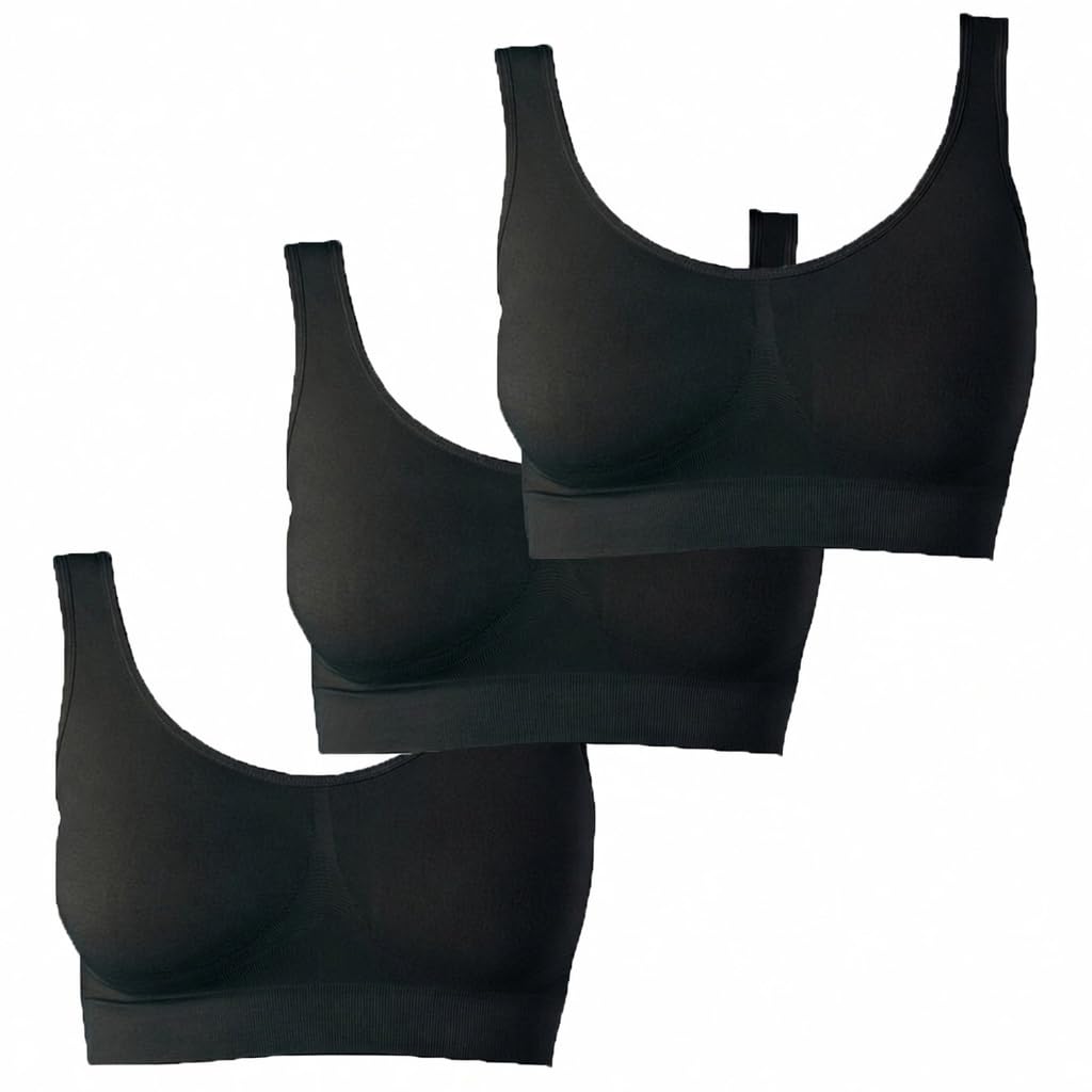 UnsichtBra Bustier Damen BH ohne Buegel | 3er Set Wohlfühl Bustiers Tops | Bügelloser Soft Bra | Schlaf Still Sport Crop Top Büstier 3 x Schwarz (wellbra_sss)(M)