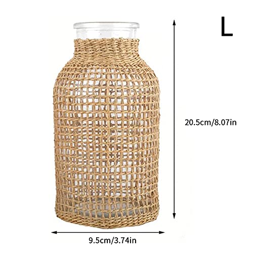 NEWCOMDIGI Flower Vases with Rattan Cover, Glass Vase with Vine Woven Design, Farmhouse Vase, Vintage Decorative Vase for Wedding, Home, Office(L) - Image 3