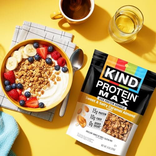 Image of KIND Protein MAX Granola, Sweet & Salty Caramel Almond, Gluten Free, High Protein, Keto Snacks, 15g Protein, 9oz, 1 Count | An excellent high-fiber, high-protein breakfast topping. These crispy, keto-friendly nut clusters are entirely gluten free.