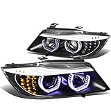 DNA MOTORING HL-3D-E9005-BK-B Black Housing Dual Blue Crystal U-Halo Projector Headlights Compatible with 05-08 3-Series