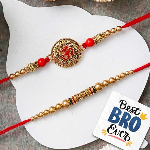 Image of eCraftIndia Set of 2 Om Symbol, Pearl Diamond Beads Designer Rakhis for Brothers with Best Bro Ever Fridge Magnet and Roli Chawal Pack