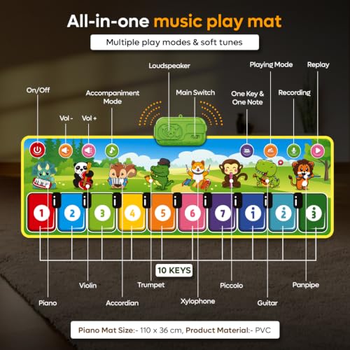 Image of Interactive Baby Musical Piano Mat - Animal Sounds & Music Modes, Fun Learning Keyboard for Toddlers, Lightweight & Portable Musical - Green