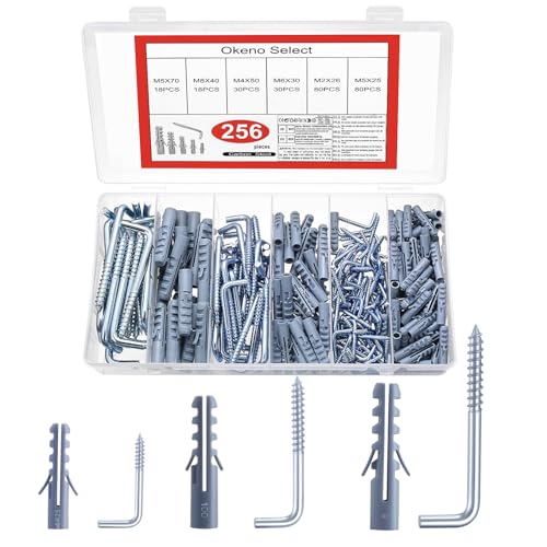 256 Stück Schraubhaken mit Dübel, Schraubhaken Hakenschrauben, gerade Bilderhaken zum Schrauben, Winkelhaken Rechtwinklige Wandhaken zum Schraubenhaken, Metallhaken für Haus Büro Aufhängen