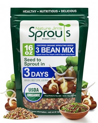 Nature Jim's Sprouts 3-Bean Seed Mix - Organic Green Peas, Lentils & Adzuki Beans for Planting - Non-GMO...
