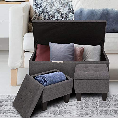 GOOD & GRACIOUS 42.1\" Rectangular Storage Ottomans, 3-Piece Fabric Tufted Upholstered Bench Set with Hinged Lid Footrest Stool, Coffee Table, Holds Up to 600lb, Gray - Thumbnail 4