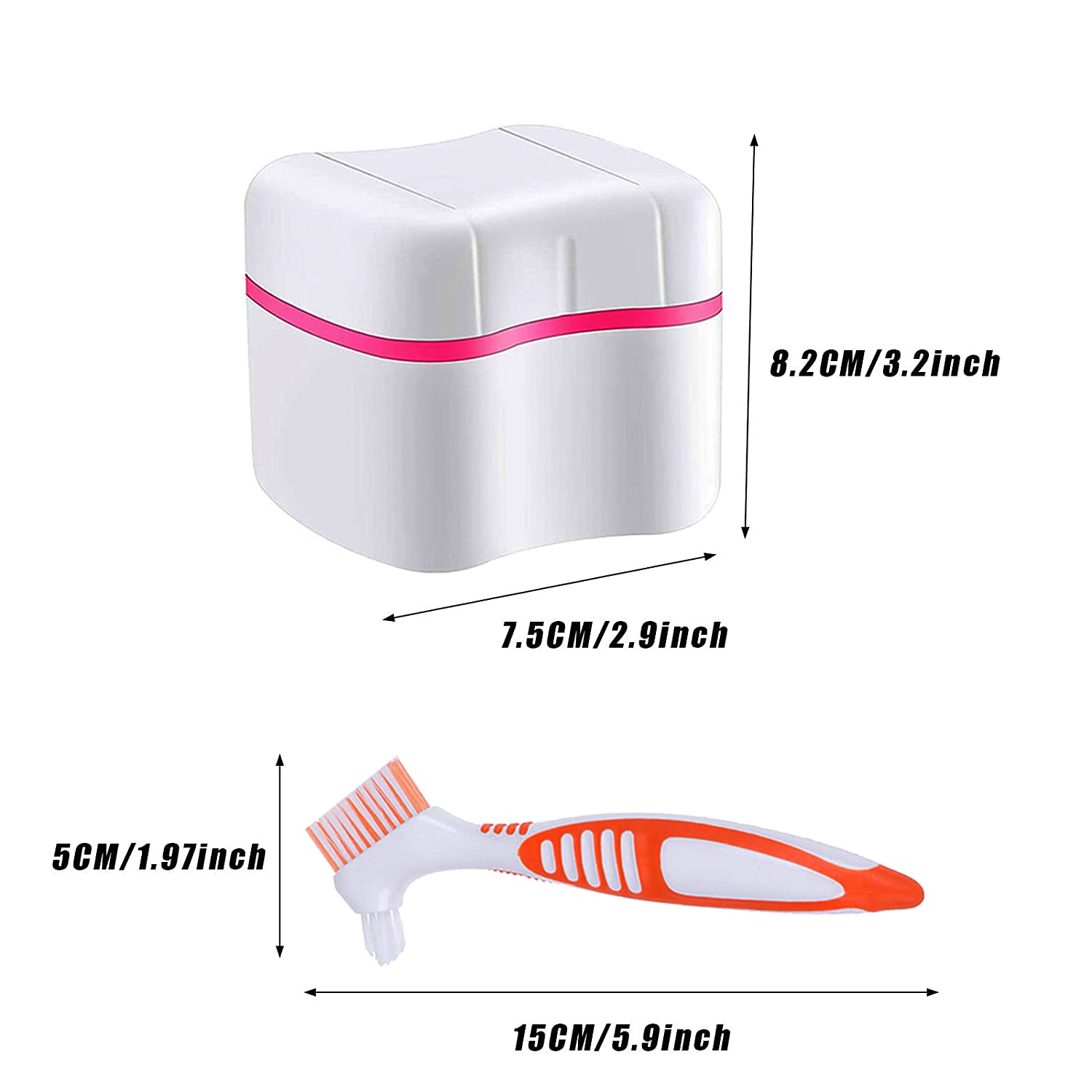 Juego de 2 cajas de limpieza de dentaduras postizas y cepillos, paquete de 2 cajas de baño para dentaduras postizas con cesta + 2 cepillos para dentaduras postizas, caja de almacenamiento portátil 2