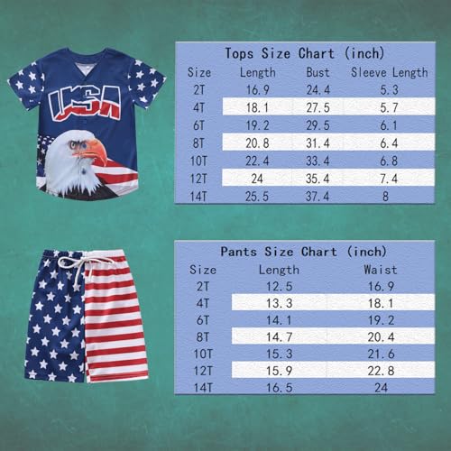 Image of 4th Of July Boys American Flag Button Up Baseball Jersey Shirt Shorts Set for 2-14 Years Kids Independence Day Outfit