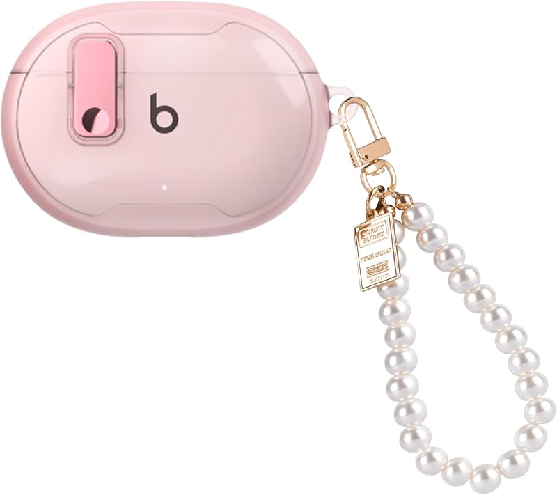 CameCosy for Beats Studio Buds/Buds + Case with Secure Lock Clip Design for Women, Soft TPU Bumper Shockproof Cover for Beat Studio Buds with Pearl Bracelet Keychain-Clear Pink
