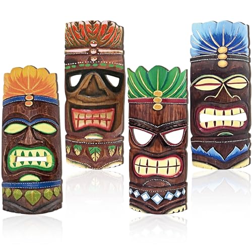 Soulchen 4 Pcs 11.8 Inch Wooden Tiki Masks Tiki Totem Hanging Decor Island Tropical Polynesian Hawaiian Luau Bar Party Wall(Stylish)