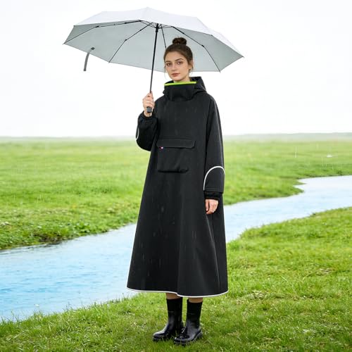 Image of PALAY High Collar Motorcycle Raincoat with Hood, Folding Hand Guard Flaps, PVC Full-Cover Riding Poncho with Front Pocket, Adult Women Raincoat for E-Bike, Scooter & Outdoor Riding
