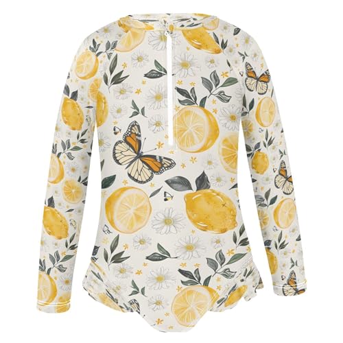 Lemon Flowers and Butterflies Girls Long Sleeve Swimsuits One Piece Zipper Bathing Suit UPF 50+ Rashguard Swimwear2