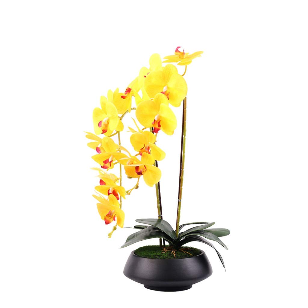 bnjlSDATwr fake flowers， Decor Artificial Flowers with Vase Flower Bonsai With Ceramics Orchid For Home Office Decorations, Yellow Faux