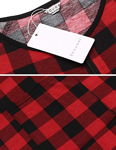 Ekouaer Women Short Sleeve Plaid Sleepwear Zip-Front A-Line Bathrobe Long Robe Red #TOP3