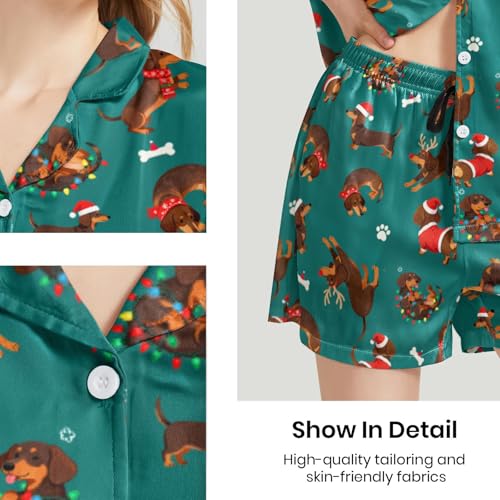 Image of Funny Pajamas for Women Set Print Satin Loungewear Pjs Short Sleeve Button Down Top and Shorts Sets Sleepwear XS-3XL