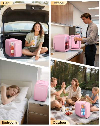Image of BEICHEN Mini Fridge 4 Liter /6 Can Portable Compact Refrigerator | for Bedroom Office Dorm Car, Fast Cooling, Low Noise, 100-125V AC /5-12V USB, for Skincare, Food, Drinks(Pink)
