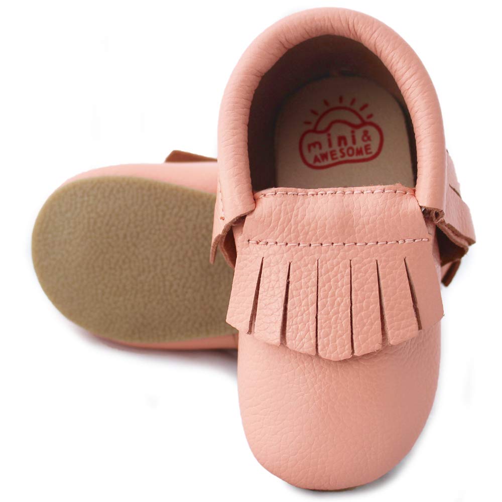 Toddler Moccasins Slippers Girls Boys Leather Hard Sole Rubber Soles Baby Slippers Shoes (6, Blush Pink)