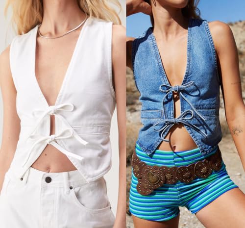 Y2k Tie Front Vest Top, 2024 Low Cut Slim Fit Jean Tops, Cute V Neck Lace Up Open Front Jean Vest,4