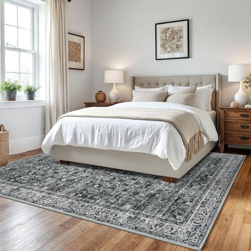 Moss Charcoal 6x9 Area Rug for Living Room, Large Washable Area Rugs for Bedroom, Soft Vintage Rug with Non-Slip, Non-Shedding Tribal Carpet for Farmhouse, Nursery, Playroom, Dining Room