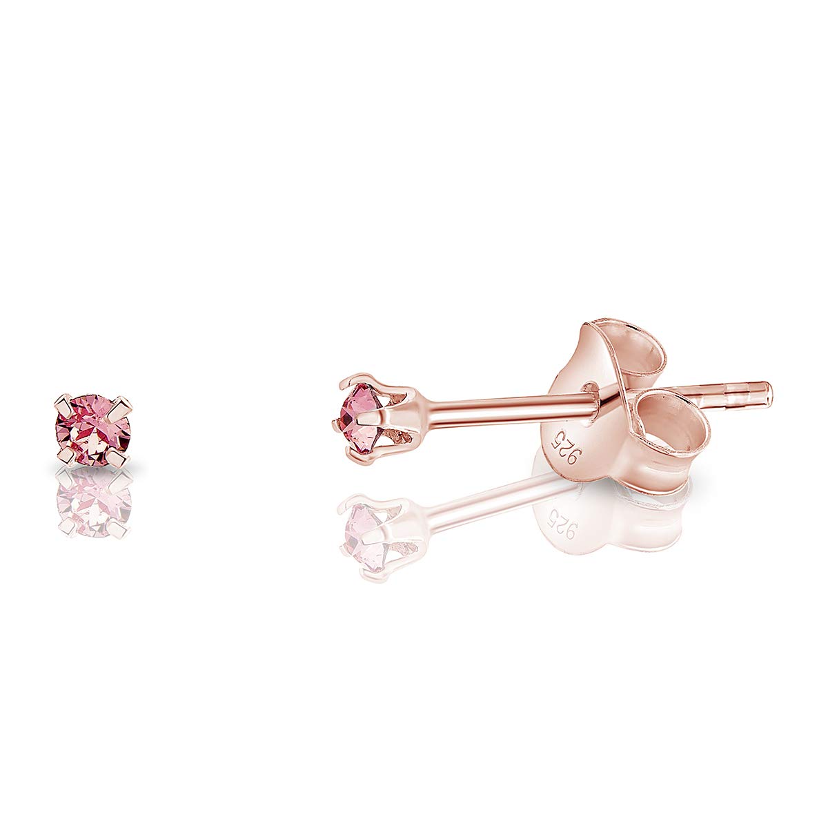 DTPsilverPendientes Mujer Pequeños Plata de Ley 925, Chapados Oro Rosa con Cristales Swarovski 2 mm - Pendientes Oro Rosa y Brillantes - Elección de Colores