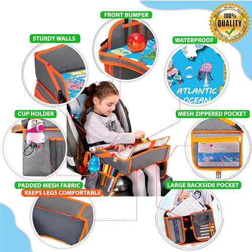 Image of Kids Travel Tray - Waterproof Car Table with No-Drop Large Tablet Holder - Car Seat Tray - Road Trip Must Haves - Kids Lap Desk Organizer for Airplane - Toddler Travel Essentials (Orange)