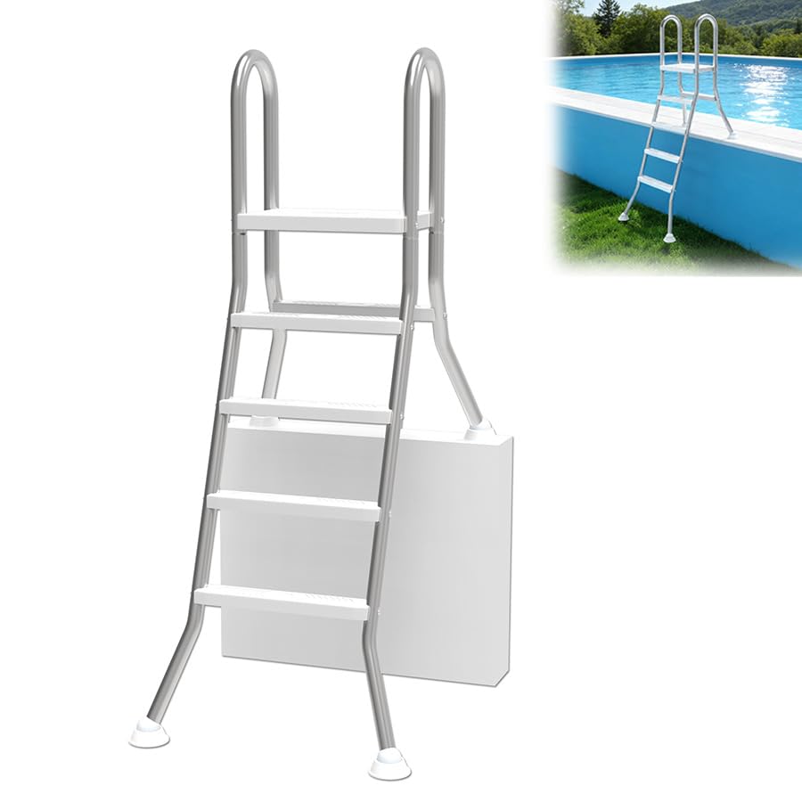 Aufun Poolleiter Edelstahl 304 für Einbaupool bis 135 cm Tiefe, 4 Stufen rutschfest Kunststofftritt, Schwimmbadleiter 188 cm Höhe, doppelseitige Pool-Leiter, Pool Einstiegssystem Leiter max. 150 kg