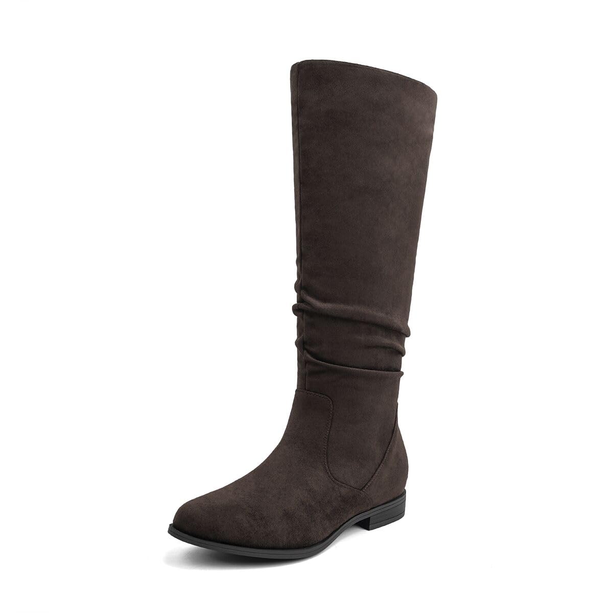 VJH confort Womens Knee-High Boots Comfortable Low Heel Almond Toe Wide Calf Side Zip Fall Winter Long Boots