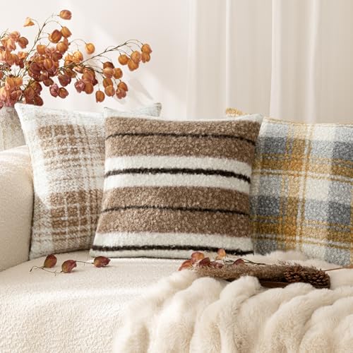 Image of Foindtower Pack of 2 Soft Faux Fur Boucle Throw Decorative Pillow Covers Fuzzy Accent Striped Cushion Sherpa Boho Farmhouse Pillowcase for Couch Sofa Bed Living Room Home Decor 20x20 Inch,Cocoa Brown