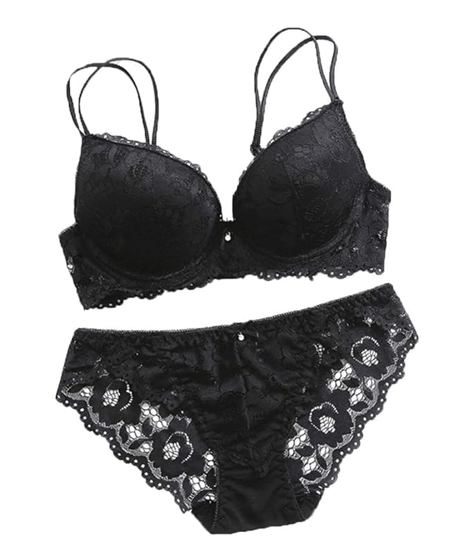 Women's Lace Bra & Panty Set | Padded Underwired Lingerie Set | Soft Floral Lace Push-Up Bra with Matching Bikini Panty | Special Occasion Innerwear | Black-picture-22