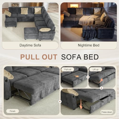Image of Hanherry 106 inch Sectional Sofa with Pull Out Couch Bed,7 Seat Chenille Sleeper Sofa with 2 Seat Storage & USB Charging,Storage Ottoman,Comfy Modular Couches for Living Room,Apartment