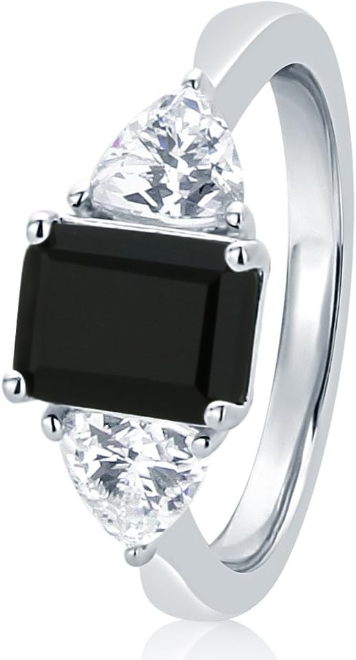 925 Sterling Silver Ring Wedding Ring Emerald Cut 1.5 carat Black CZ Stone Three Stone Anniversary Ring 8MM (Size 5 to 10)